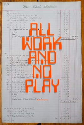 ''All work and no play 289'' screenprint on vintage ledger by Grow Up