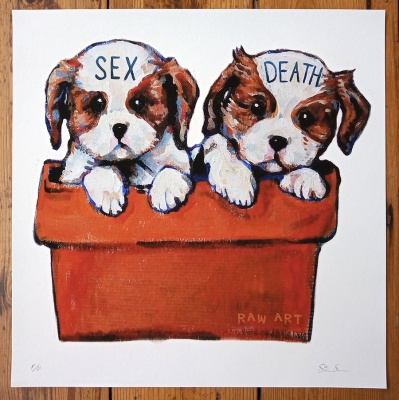 ''Existential Puppies'' hand finished print by Sin Superman Pattenden