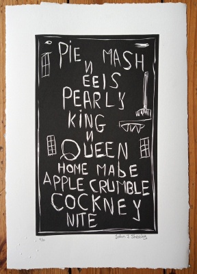 ''Pie N Mash'' limited edition linocut print by John J Sheehy