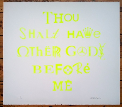 ''Thou shalt have other gods'' fluoro stencil art by Nick Smith